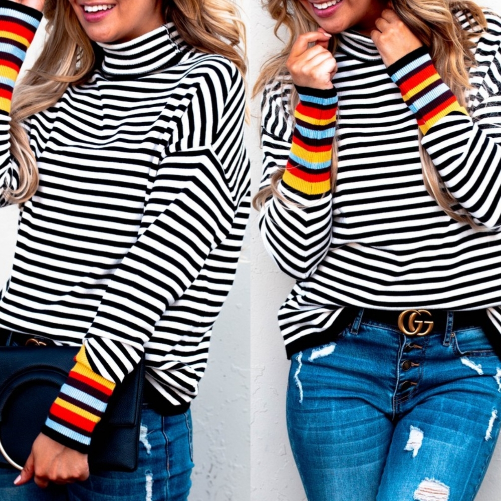 LAST 1! Striped turtleneck sweater rainbow sleeves - Picture 4 of 7